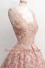 Scoop Peach A-line Lace Prom Gown Zipper Lace Sleeveless Knee Length