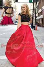 New Style Brush Train A-line Prom Dress Pink And Black Scoop Satin Short Sleeves Backless