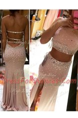 Low Price Pink Homecoming Dress Prom and Party and For with Beading Scoop Sleeveless Brush Train Backless