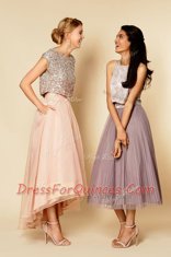 Scoop Sequins Pink Sleeveless Organza Zipper Prom Dresses for Prom