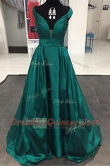 Deluxe Teal Satin Zipper Off The Shoulder Sleeveless Prom Evening Gown Sweep Train Pleated