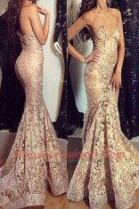 Designer Mermaid Lace Champagne Sleeveless Sweep Train Pleated Prom Party Dress