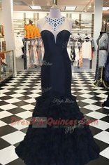 Mermaid Black Elastic Woven Satin Side Zipper Scoop Sleeveless Prom Gown Sweep Train Beading