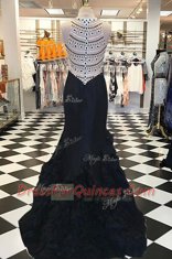 Mermaid Black Elastic Woven Satin Side Zipper Scoop Sleeveless Prom Gown Sweep Train Beading