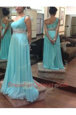 Classical Baby Blue One Shoulder Neckline Beading and Sashes ribbons Dress for Prom Sleeveless Side Zipper