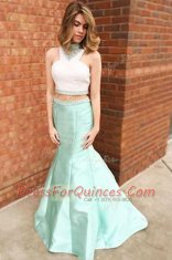 Mermaid Halter Top Apple Green Sleeveless Satin Zipper Prom Dresses for Prom