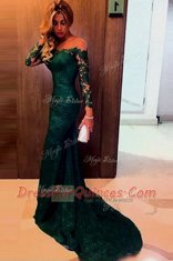 Fitting Mermaid Off the Shoulder Dark Green Lace Zipper Prom Gown Long Sleeves Sweep Train Lace