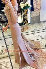 Enchanting Mermaid Pink Elastic Woven Satin Zipper Off The Shoulder Short Sleeves Prom Gown Sweep Train Beading and Lace and Appliques