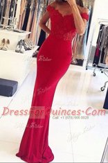 Attractive Mermaid Off the Shoulder Floor Length Zipper Prom Party Dress Red for Prom with Beading and Appliques