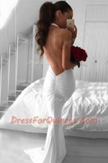 Sophisticated Mermaid White Dress for Prom Prom and For with Ruching Halter Top Sleeveless Sweep Train Backless