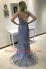 Mermaid Blue Sleeveless Sweep Train Beading and Appliques With Train Prom Gown