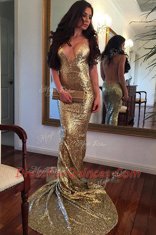 Sequins With Train Mermaid Sleeveless Gold Prom Dress Sweep Train Backless