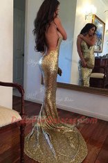 Sequins With Train Mermaid Sleeveless Gold Prom Dress Sweep Train Backless