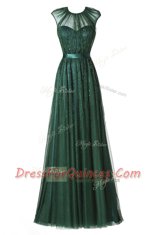 Amazing Scoop Beading and Pleated Prom Evening Gown Dark Green Zipper Cap Sleeves Floor Length