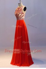 Super Coral Red A-line Chiffon Scoop Sleeveless Beading and Pleated Floor Length Side Zipper Prom Dresses