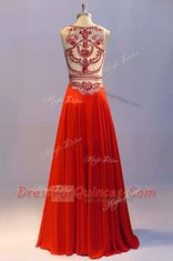 Super Coral Red A-line Chiffon Scoop Sleeveless Beading and Pleated Floor Length Side Zipper Prom Dresses