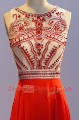 Super Coral Red A-line Chiffon Scoop Sleeveless Beading and Pleated Floor Length Side Zipper Prom Dresses