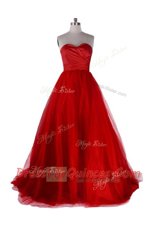 Charming Red Ball Gowns Sweetheart Sleeveless Satin and Tulle With Train Sweep Train Zipper Ruching Prom Dress