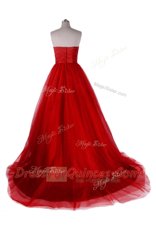 Charming Red Ball Gowns Sweetheart Sleeveless Satin and Tulle With Train Sweep Train Zipper Ruching Prom Dress