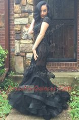 Excellent Mermaid Scoop Black Cap Sleeves With Train Beading and Ruffles Zipper