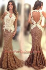 Mermaid Lace Brown Prom Dresses Scoop Sleeveless Sweep Train Backless