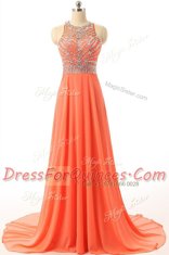 Orange A-line Halter Top Sleeveless Chiffon Court Train Backless Beading Prom Dress