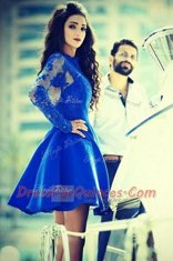 Glorious Bateau Sleeveless Prom Dresses Mini Length Lace Royal Blue Satin