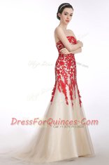 Mermaid Red and Champagne Sleeveless Brush Train Appliques Prom Party Dress