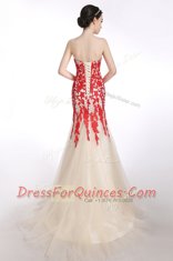 Mermaid Red and Champagne Sleeveless Brush Train Appliques Prom Party Dress