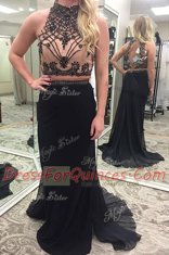 Customized Brush Train Empire Homecoming Dress Black High-neck Chiffon Sleeveless Backless