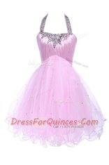Adorable Ball Gowns Prom Dress Lilac Halter Top Tulle Sleeveless Knee Length Lace Up