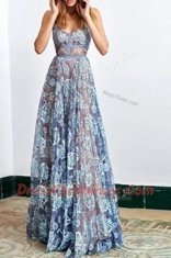 Modest Blue Sleeveless Lace Floor Length Prom Party Dress