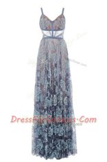 Modest Blue Sleeveless Lace Floor Length Prom Party Dress