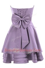Pleated Knee Length Lavender Prom Dress Strapless Sleeveless Lace Up