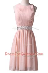 Fantastic Scoop Sleeveless Chiffon Knee Length Lace Up Prom Dresses in Pink with Beading