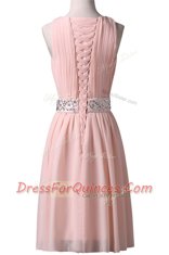 Fantastic Scoop Sleeveless Chiffon Knee Length Lace Up Prom Dresses in Pink with Beading