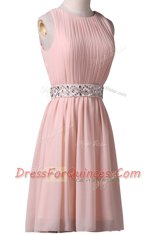 Fantastic Scoop Sleeveless Chiffon Knee Length Lace Up Prom Dresses in Pink with Beading