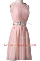Fantastic Scoop Sleeveless Chiffon Knee Length Lace Up Prom Dresses in Pink with Beading