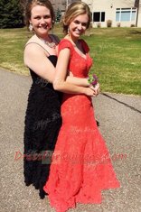 Suitable Mermaid Short Sleeves Sweep Train Backless Lace Homecoming Dress