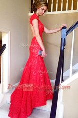 Suitable Mermaid Short Sleeves Sweep Train Backless Lace Homecoming Dress