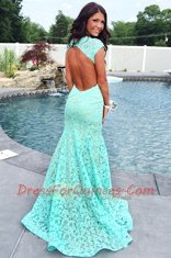 Suitable Mermaid Short Sleeves Sweep Train Backless Lace Homecoming Dress