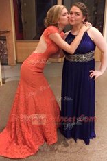 Suitable Mermaid Short Sleeves Sweep Train Backless Lace Homecoming Dress