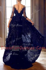 Decent Off The Shoulder Half Sleeves Lace Prom Gown Lace Backless