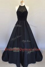 Black Halter Top Neckline Beading and Pleated Prom Dresses Sleeveless Zipper