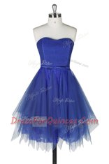 Lace Royal Blue Zipper Prom Dress Belt Sleeveless Knee Length
