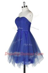 Lace Royal Blue Zipper Prom Dress Belt Sleeveless Knee Length