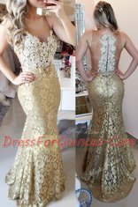 Glorious Mermaid Sleeveless Lace and Belt Zipper Prom Dress with Gold Brush Train