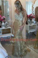 Glorious Mermaid Sleeveless Lace and Belt Zipper Prom Dress with Gold Brush Train