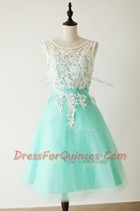 Apple Green A-line Bateau Sleeveless Tulle Knee Length Zipper Lace and Sashes ribbons