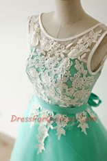 Apple Green A-line Bateau Sleeveless Tulle Knee Length Zipper Lace and Sashes ribbons